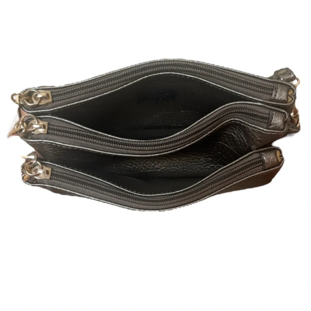 Michael Kors Crossbody Wristlet Metallic Multi Compartments Pewter Silver Gold